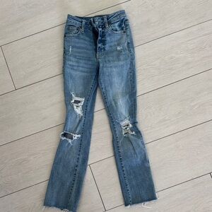 Katie J NYC Distressed Straight Leg Jeans - 7/8 Blue